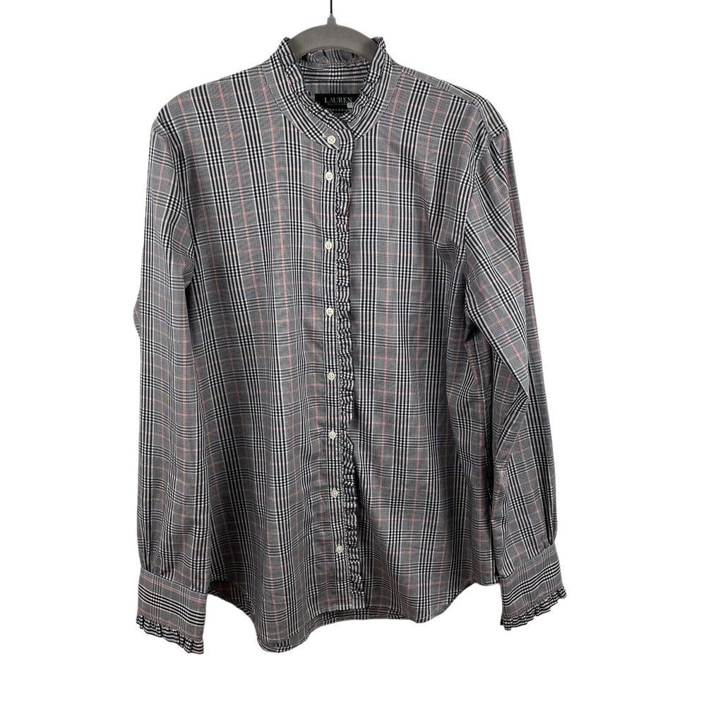 Lauren Ralph Lauren Womens Button Down Shirt Gray Large Cotton Ruffle Plaid